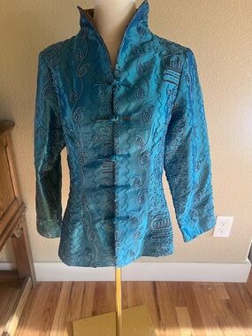 Women's Teal Embroidered Mandarin Jacket